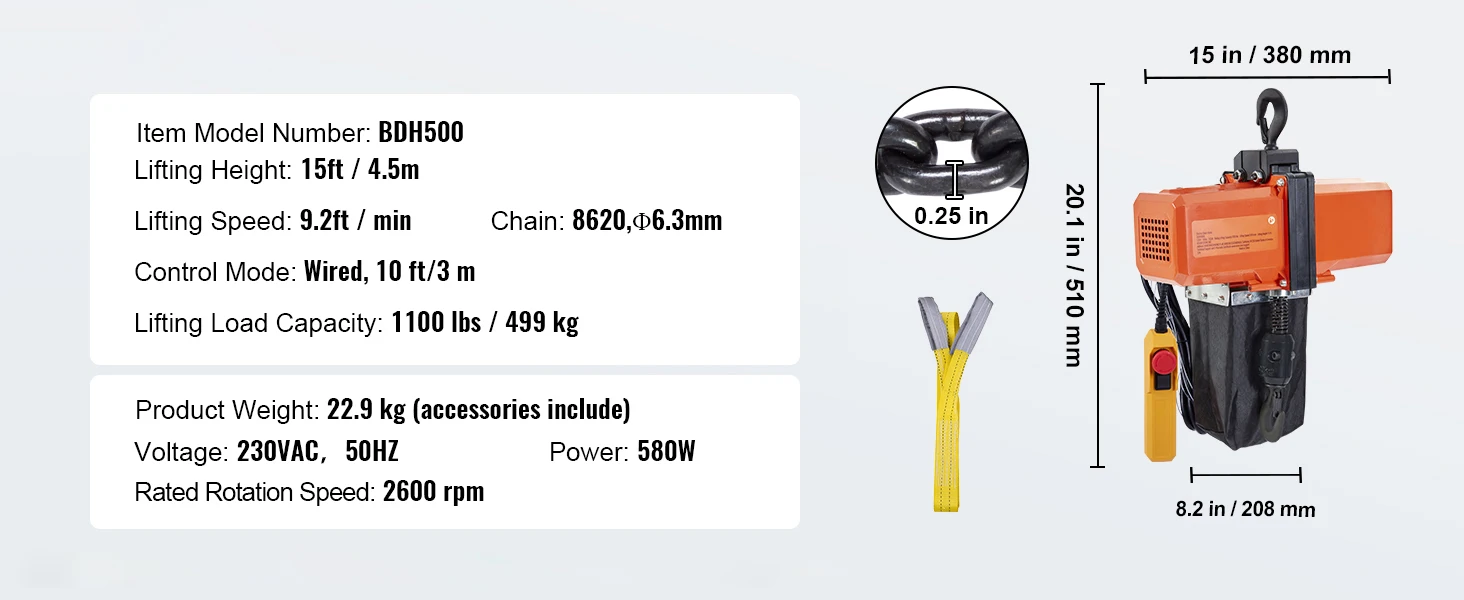 SucceBuy 1100 lbs Electric Chain Hoist 9.2 ft/min Single Phase Overhead Crane with G100 Chain Wired Control for Garage Lifting