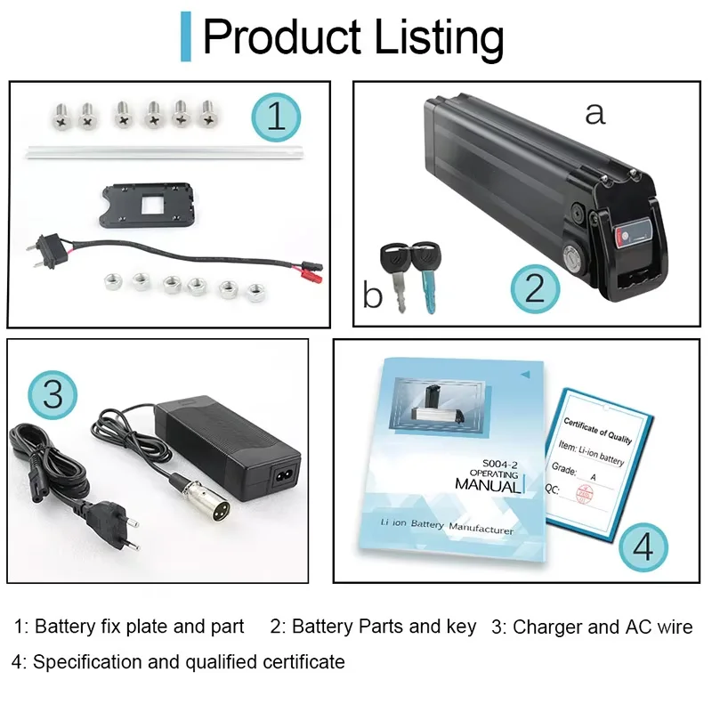 Silver Fish Lithium Battery Pack for Electric Bicycle, 36V, 48V, 19.2Ah, 17.5Ah, 13Ah, 18650, 250W, 350W, 500W, 1000W, Hub Motor