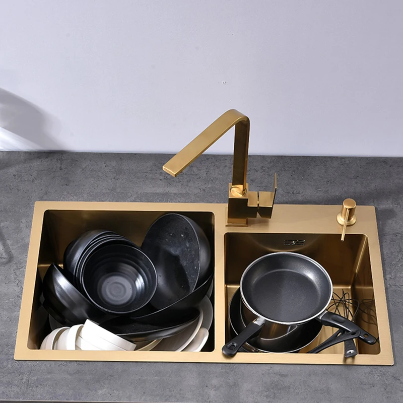 Gold Kitchen Sink Above Counter Double Bowl Goldn Basket Drainer Soap Dispenser Washing Basin 304 Stainless Steel Sinks