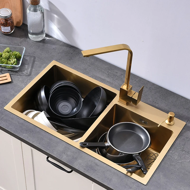 Gold Kitchen Sink Above Counter Double Bowl Goldn Basket Drainer Soap Dispenser Washing Basin 304 Stainless Steel Sinks
