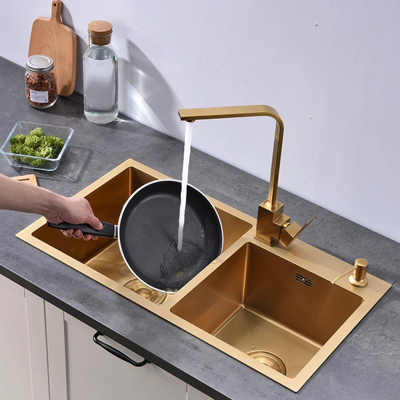 Gold Kitchen Sink Above Counter Double Bowl Goldn Basket Drainer Soap Dispenser Washing Basin 304 Stainless Steel Sinks