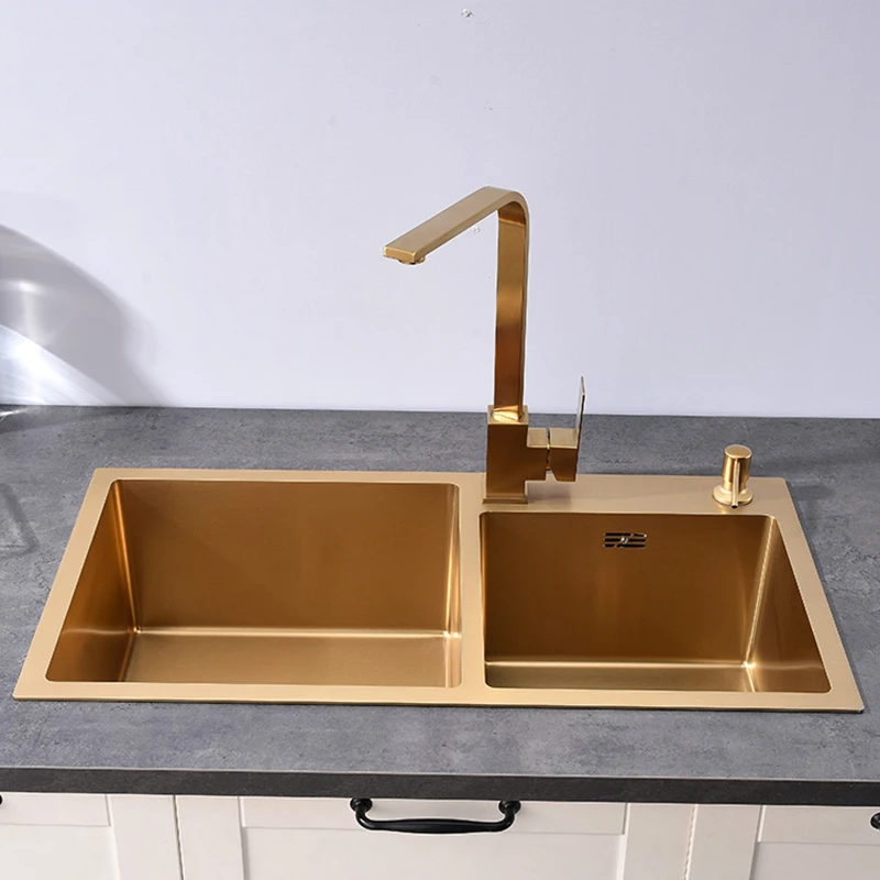 Gold Kitchen Sink Above Counter Double Bowl Goldn Basket Drainer Soap Dispenser Washing Basin 304 Stainless Steel Sinks