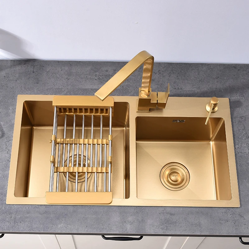 Gold Kitchen Sink Above Counter Double Bowl Goldn Basket Drainer Soap Dispenser Washing Basin 304 Stainless Steel Sinks
