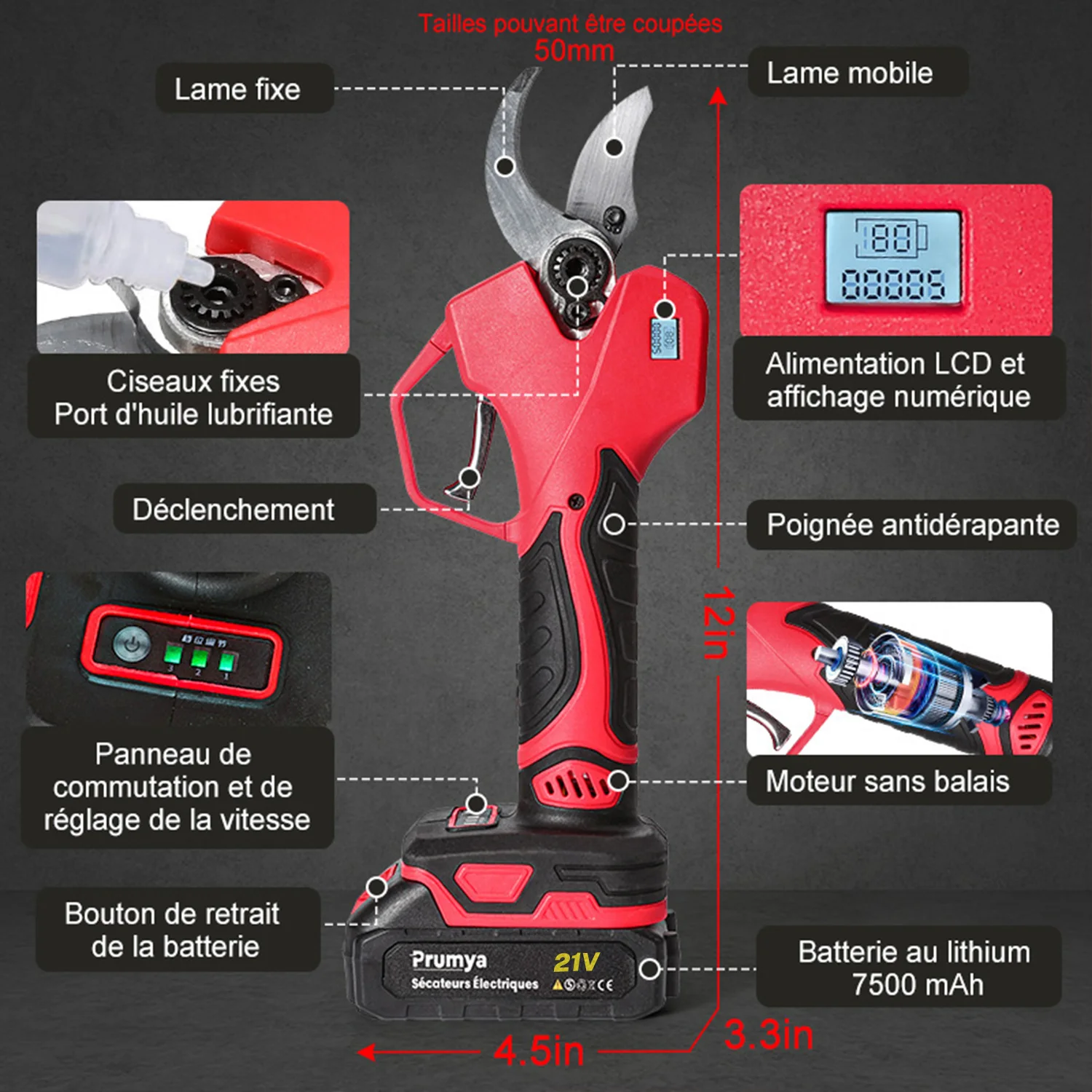 21V 50mm Brushless 1000W Electric Pruning Shears Digital Display Power Branches Pruner for Fruit Tree Shrub for Makita Battery