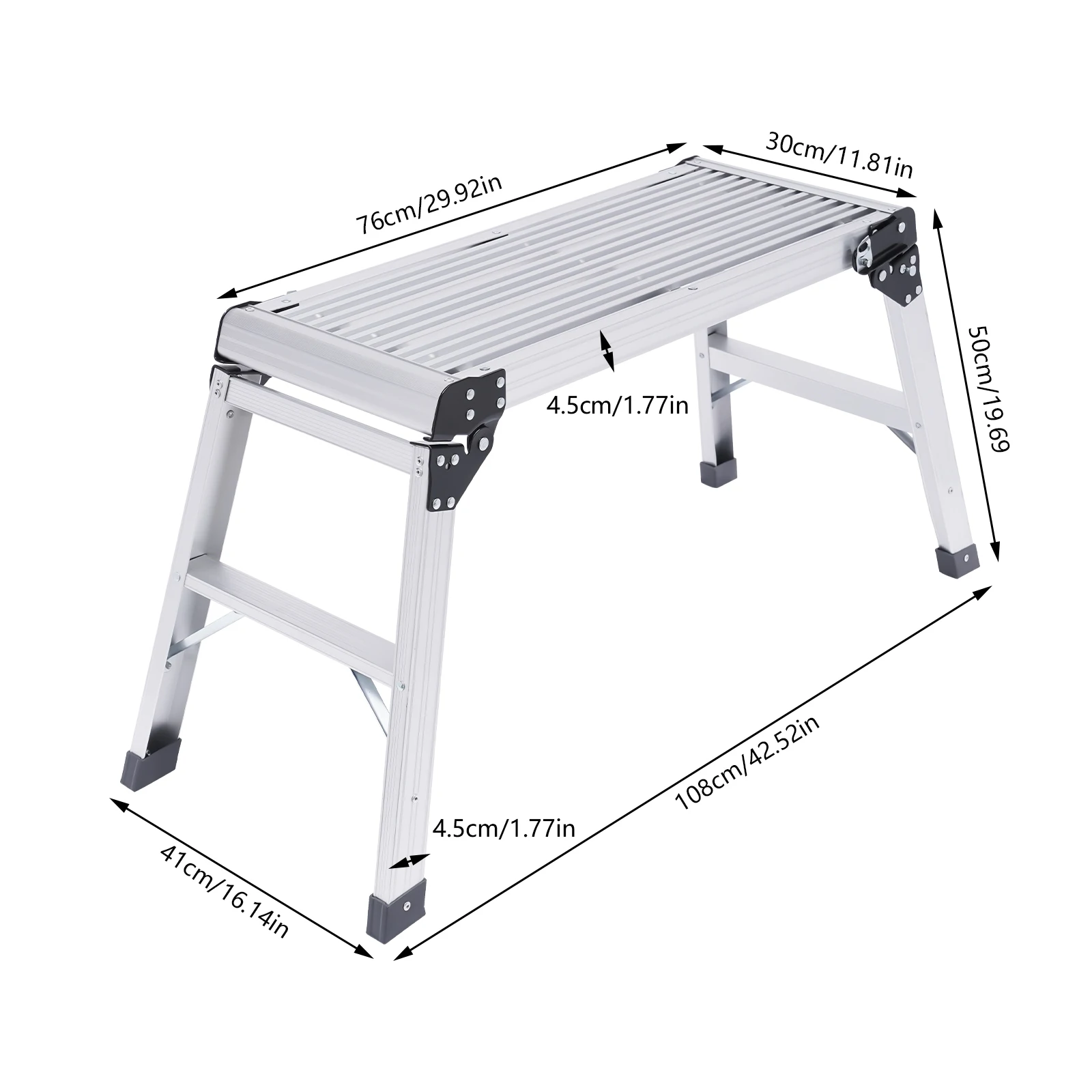 Folding Work Platform Bench Ladder Stool Anti-slip Surface Supports Up to 150kg Silver for washing vehicles, cleaning windows