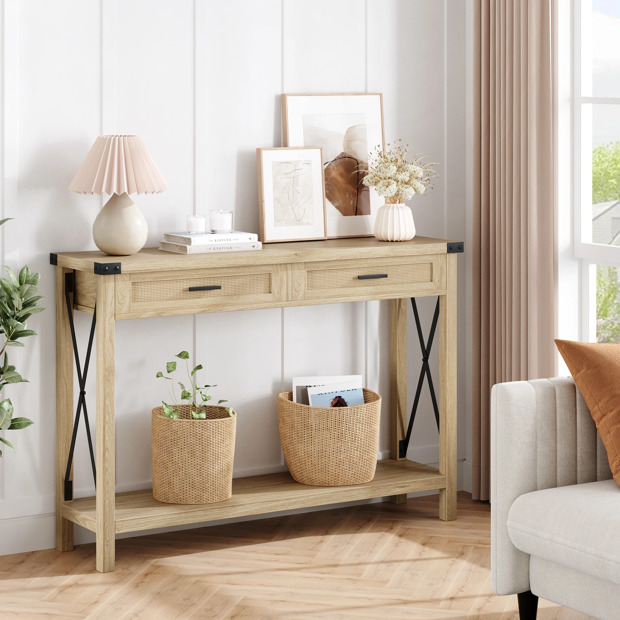 Farmhouse Entryway Table 2-Tier Narrow Console Table with Storage with Rattan Drawers Sofa Table for Living Room Hallway Foyer