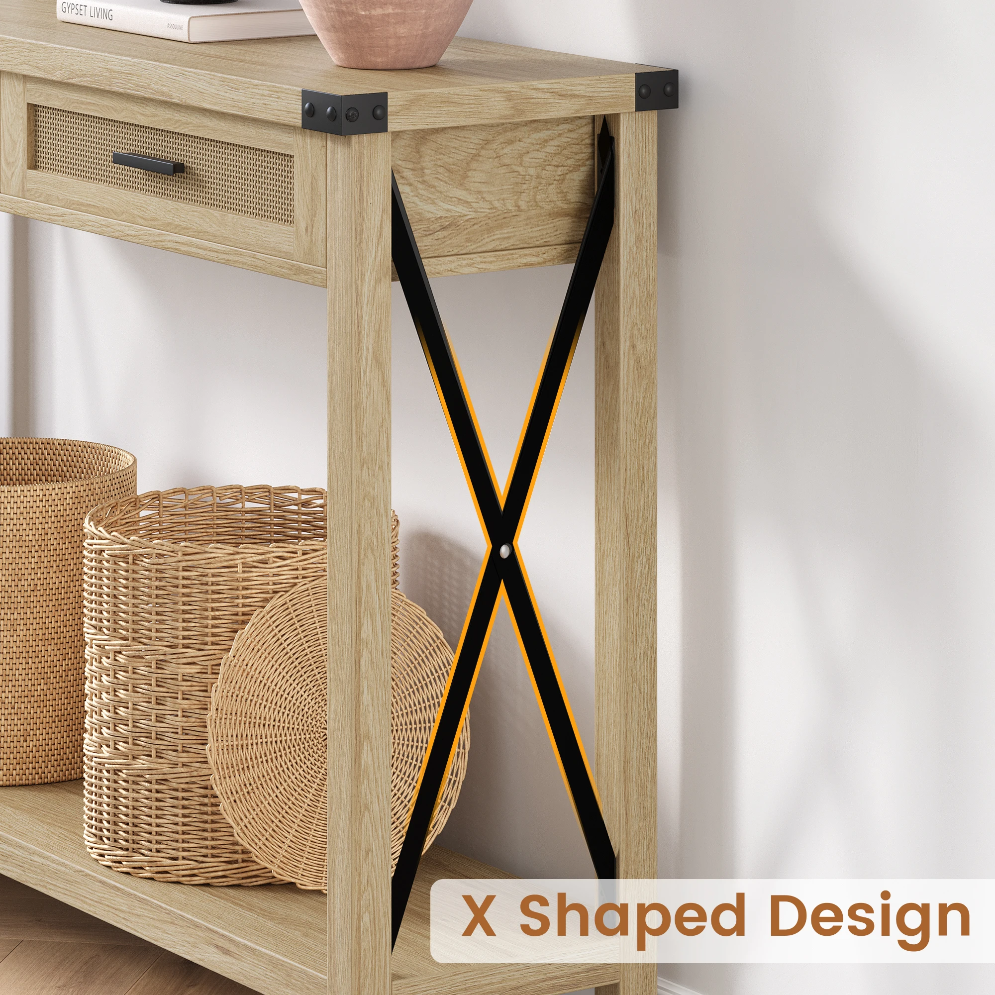 Farmhouse Entryway Table 2-Tier Narrow Console Table with Storage with Rattan Drawers Sofa Table for Living Room Hallway Foyer