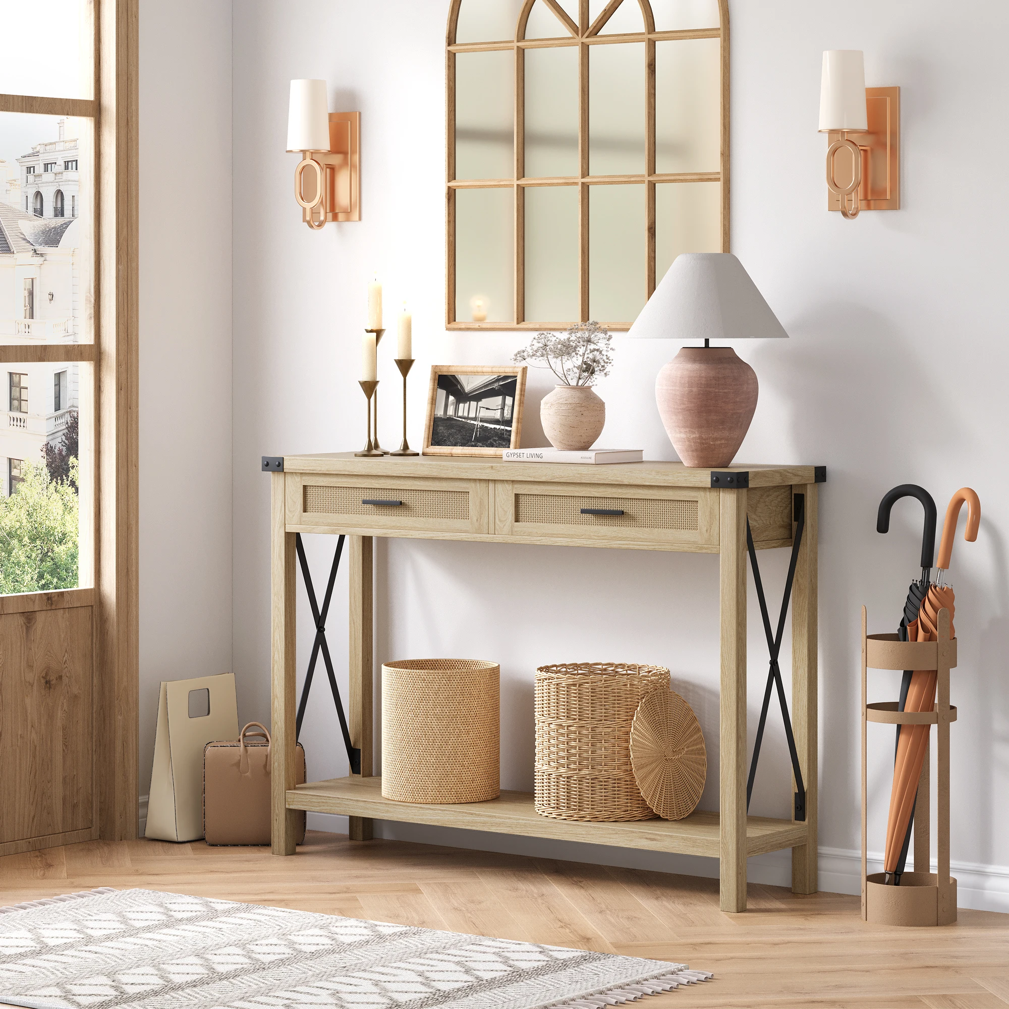 Farmhouse Entryway Table 2-Tier Narrow Console Table with Storage with Rattan Drawers Sofa Table for Living Room Hallway Foyer