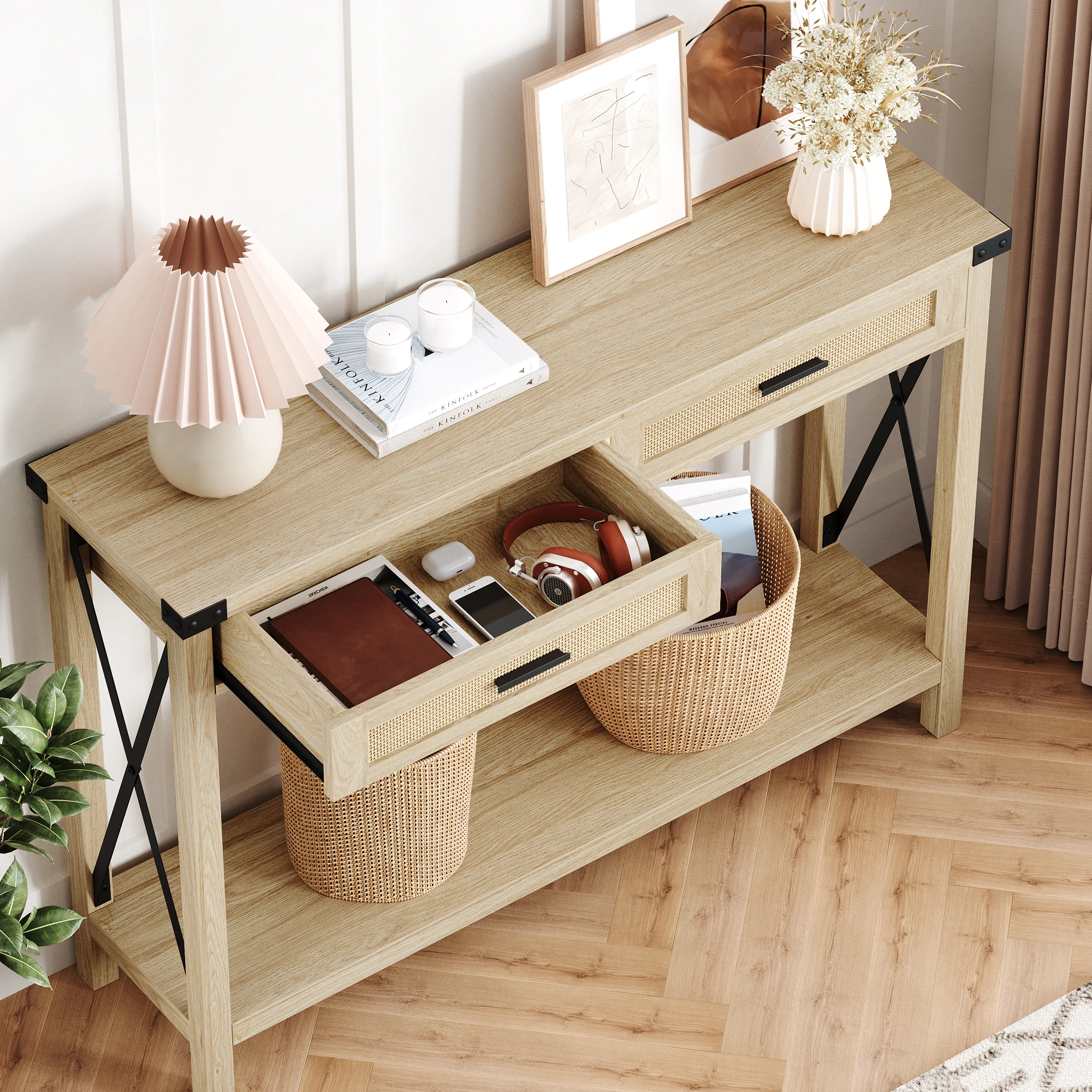 Farmhouse Entryway Table 2-Tier Narrow Console Table with Storage with Rattan Drawers Sofa Table for Living Room Hallway Foyer