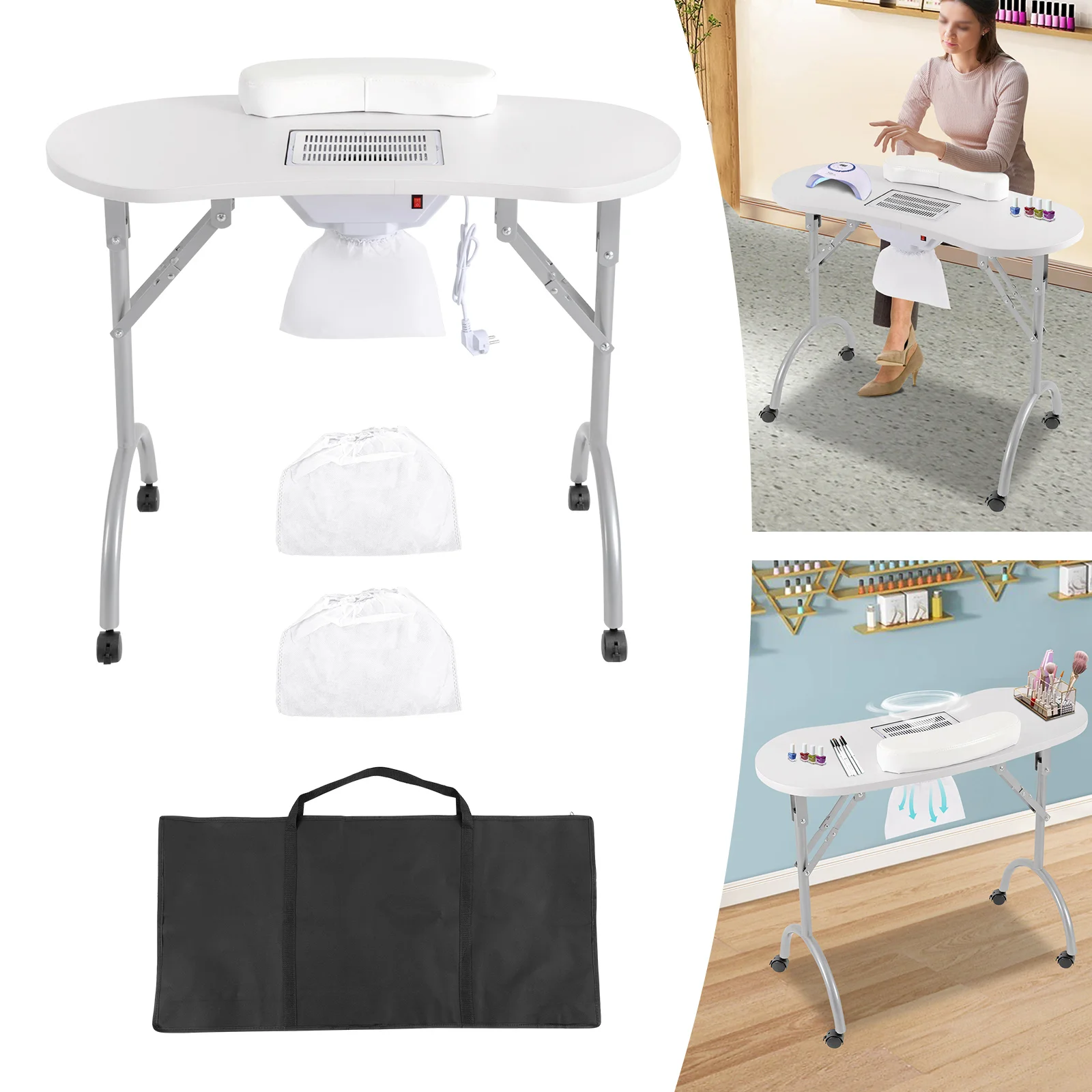 White Manicure Table, Salon Beauty Nail Desk with Fan, Foldable, Portable, with Carry Bag