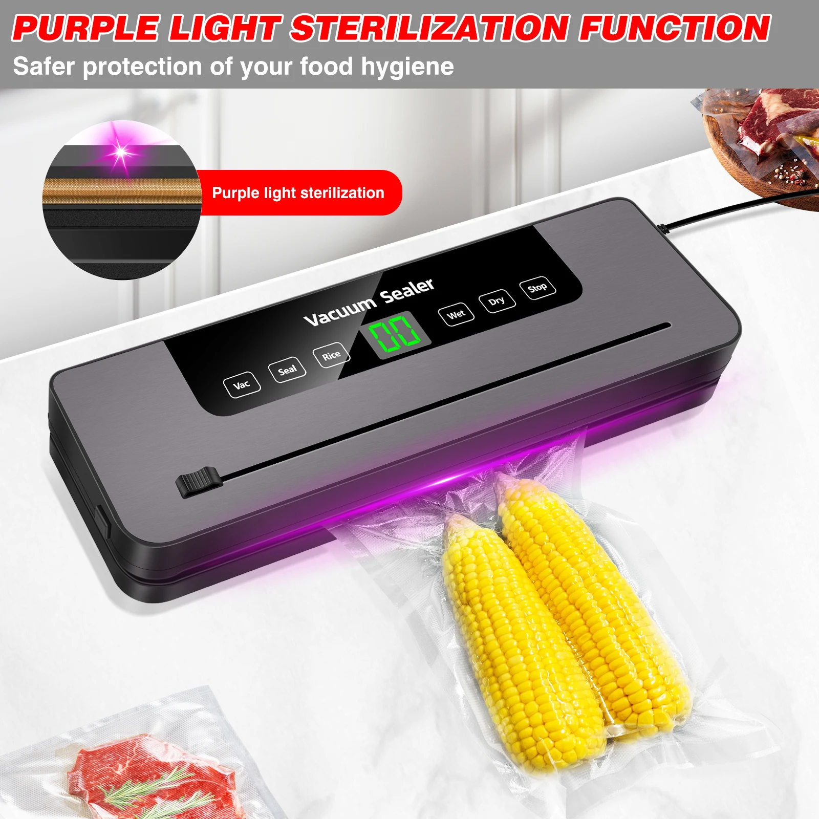 Electric Vacuum Sealer Dry/Wet Food Sealed Packaging Kitchen Food Storage Seal UV Sterilization Built-in Cutter Knife