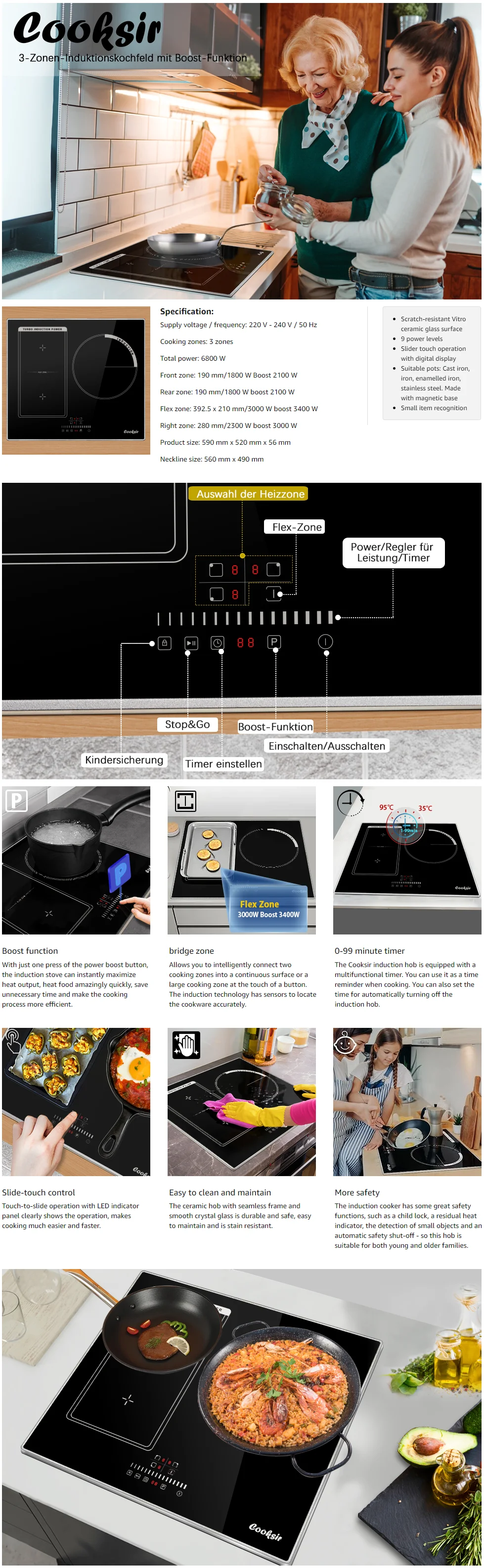 Cooksir Induction Hob with Frame,60 cm Built-in Hob 3 Plates,6800W,Flex Zone for Grill,Slide Control Touch Control,Child Lock