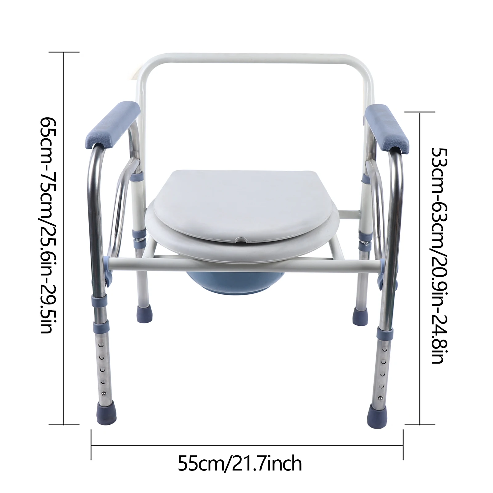 Folding Height Adjustable Commode Chair Stainless Steel Toilet Chair with Bucket Lid Armrests for Disabled Elderly