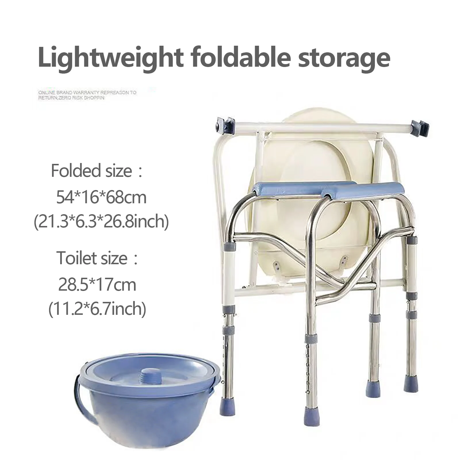 Folding Height Adjustable Commode Chair Stainless Steel Toilet Chair with Bucket Lid Armrests for Disabled Elderly