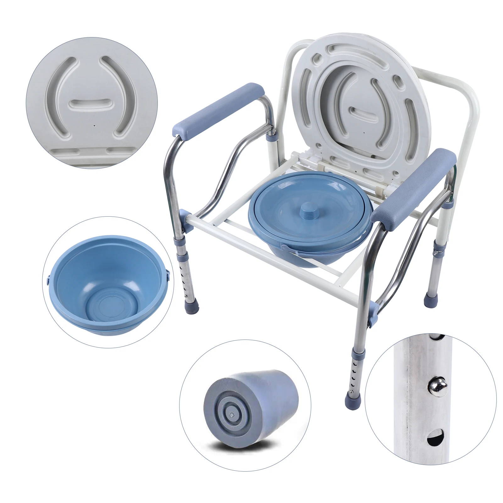 Folding Height Adjustable Commode Chair Stainless Steel Toilet Chair with Bucket Lid Armrests for Disabled Elderly