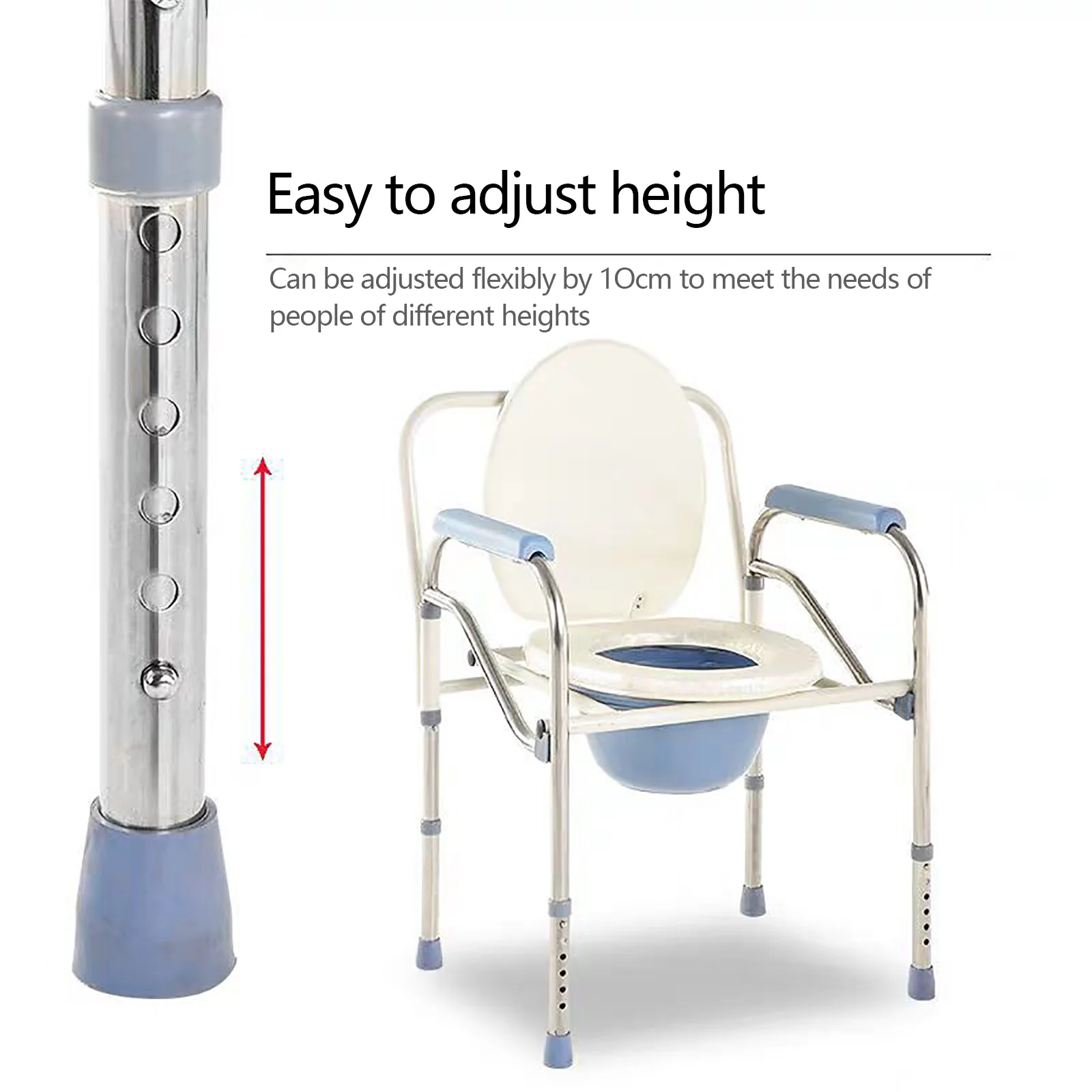 Folding Height Adjustable Commode Chair Stainless Steel Toilet Chair with Bucket Lid Armrests for Disabled Elderly