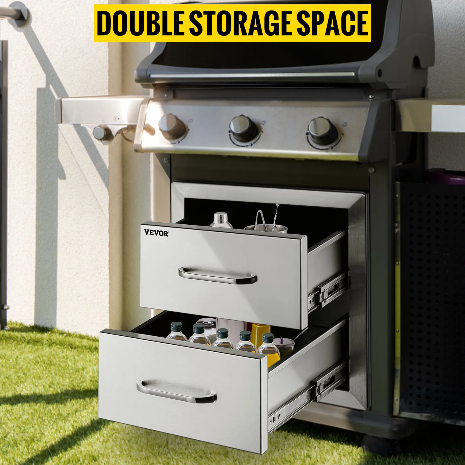 SucceBuy 18x20.6inch Outdoor Kitchen Drawers Flush Mount Double BBQ Drawers Stainless Steel with Handle for Outdoor Kitchens