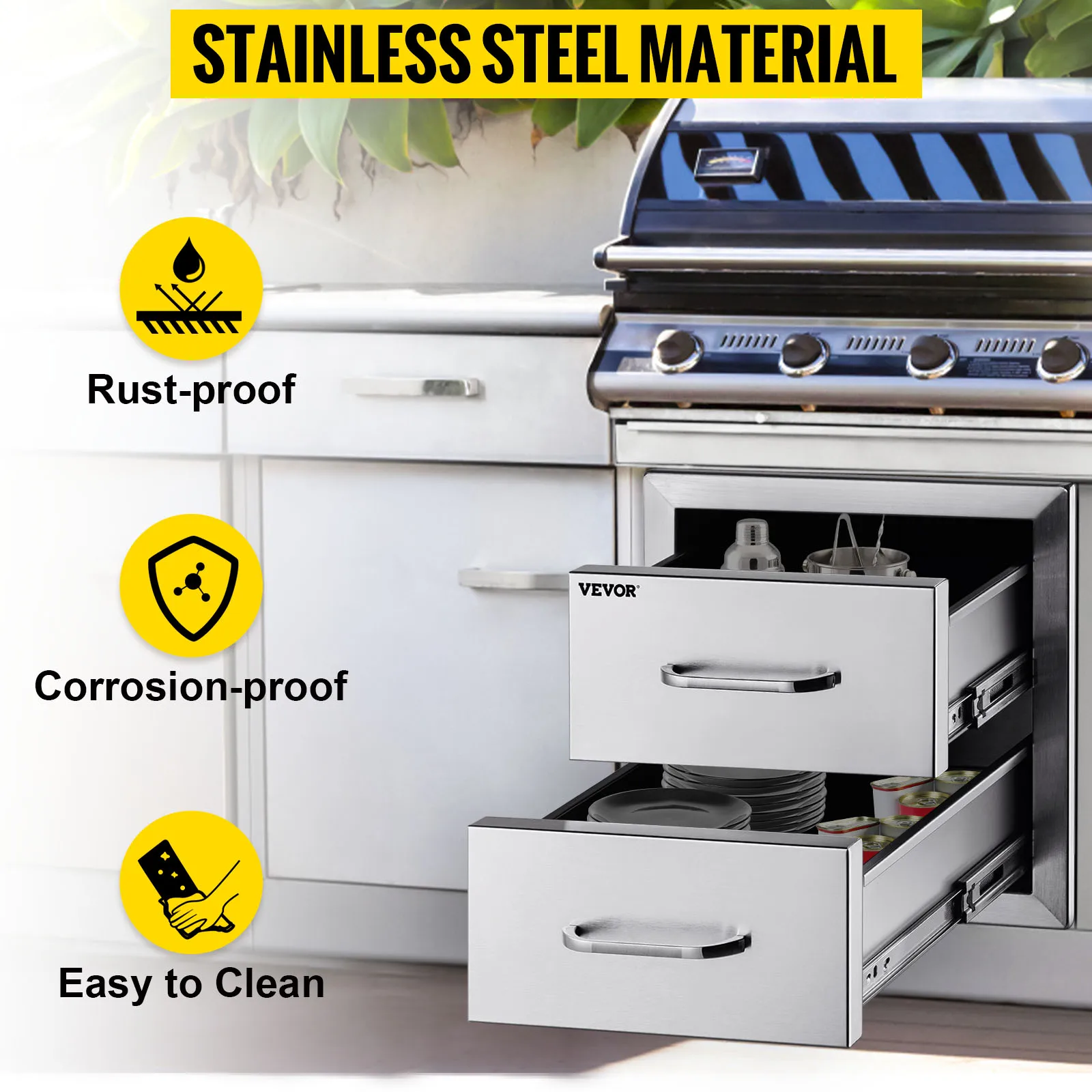 SucceBuy 18x20.6inch Outdoor Kitchen Drawers Flush Mount Double BBQ Drawers Stainless Steel with Handle for Outdoor Kitchens