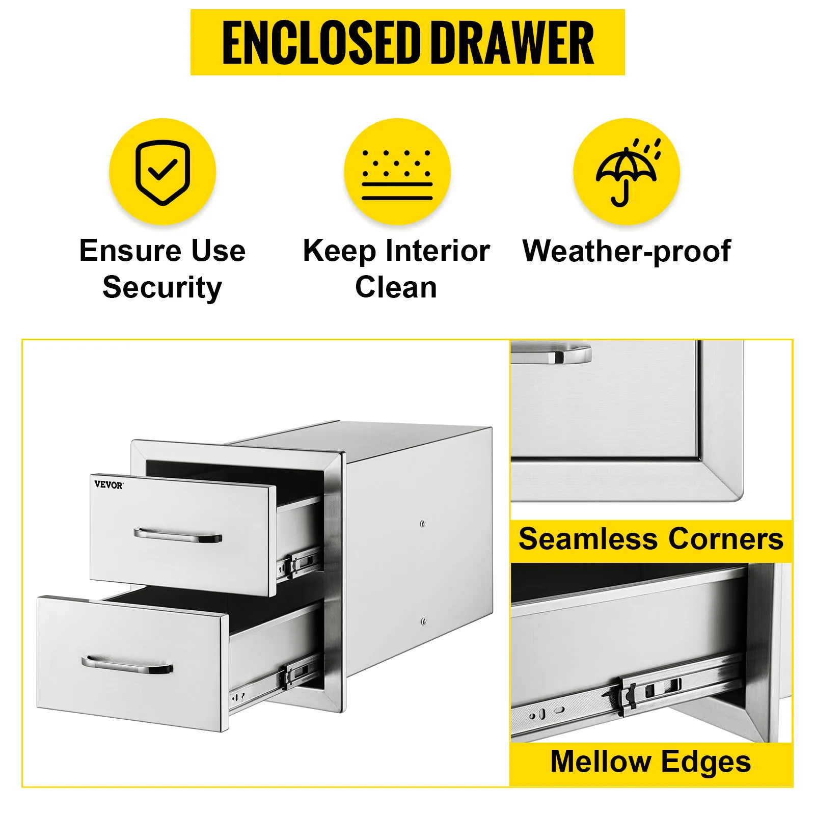 SucceBuy 18x20.6inch Outdoor Kitchen Drawers Flush Mount Double BBQ Drawers Stainless Steel with Handle for Outdoor Kitchens