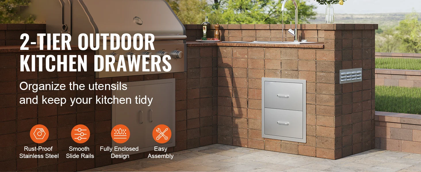 SucceBuy 18x20.6inch Outdoor Kitchen Drawers Flush Mount Double BBQ Drawers Stainless Steel with Handle for Outdoor Kitchens