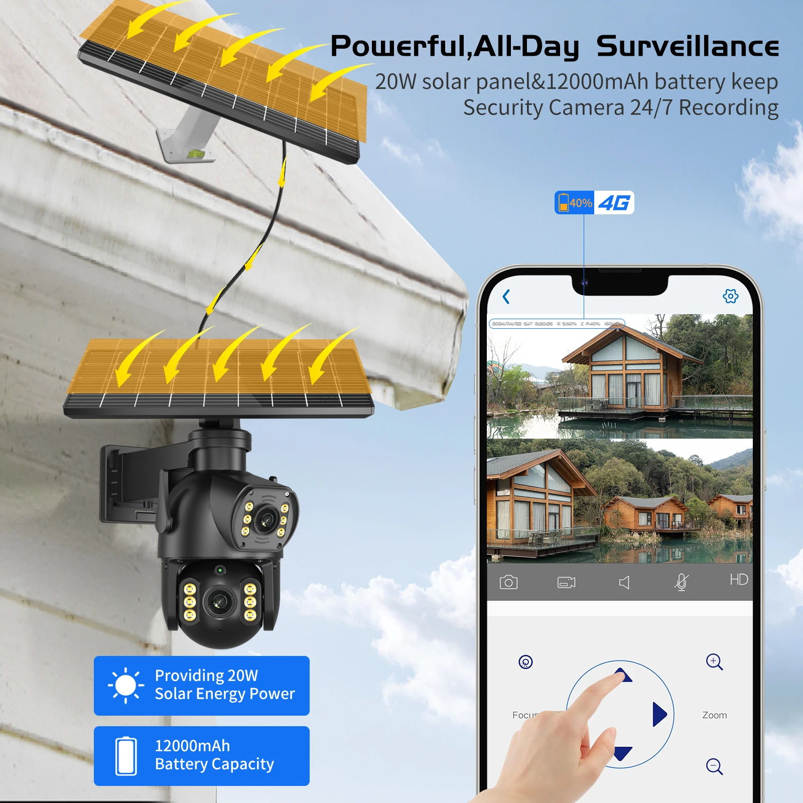 8MP 4K Outdoor 4G SIM Card Solar Camera Dual Lens Binocular Camera PIR Human Body Sensing Security Video 64GB Card Solar Camera