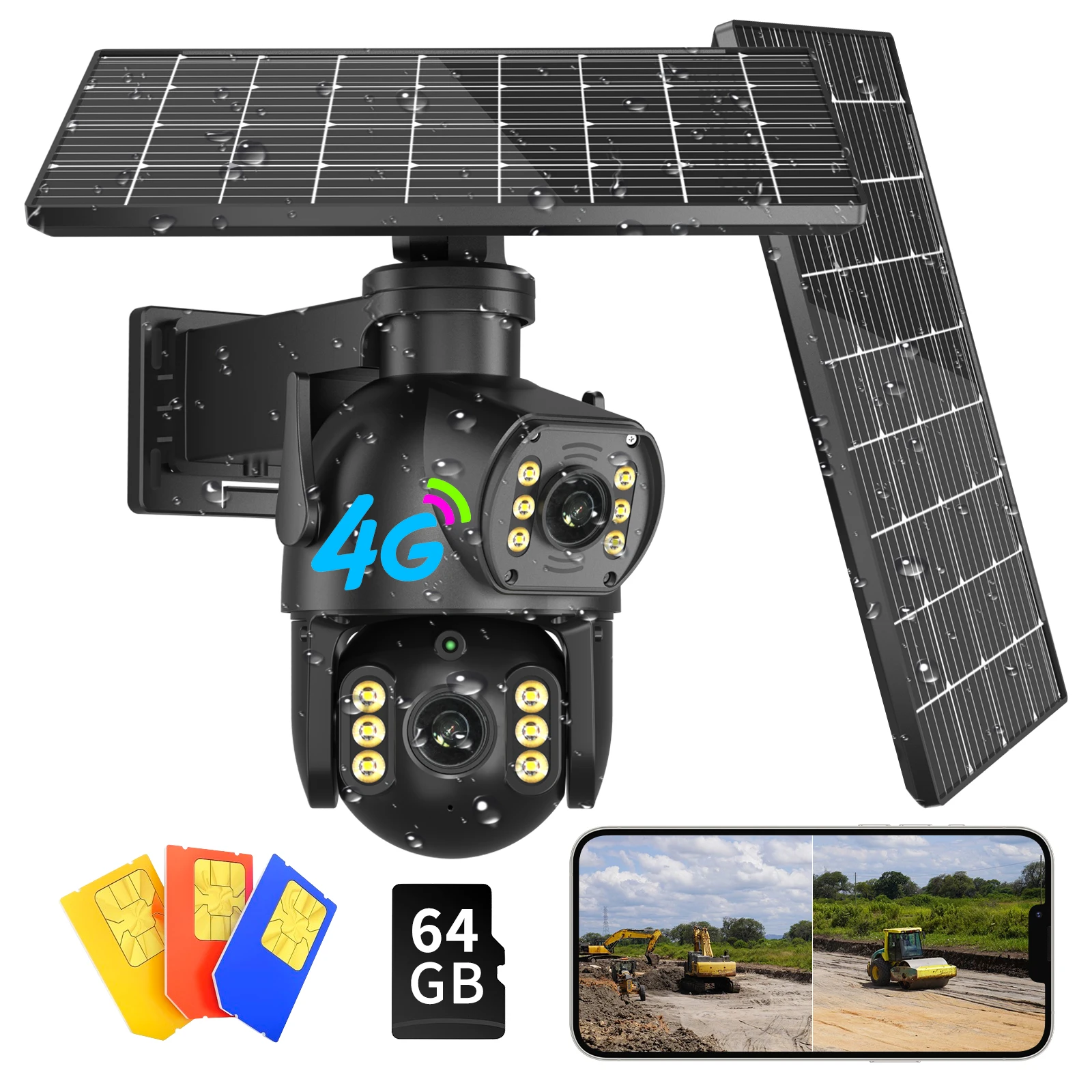 8MP 4K Outdoor 4G SIM Card Solar Camera Dual Lens Binocular Camera PIR Human Body Sensing Security Video 64GB Card Solar Camera