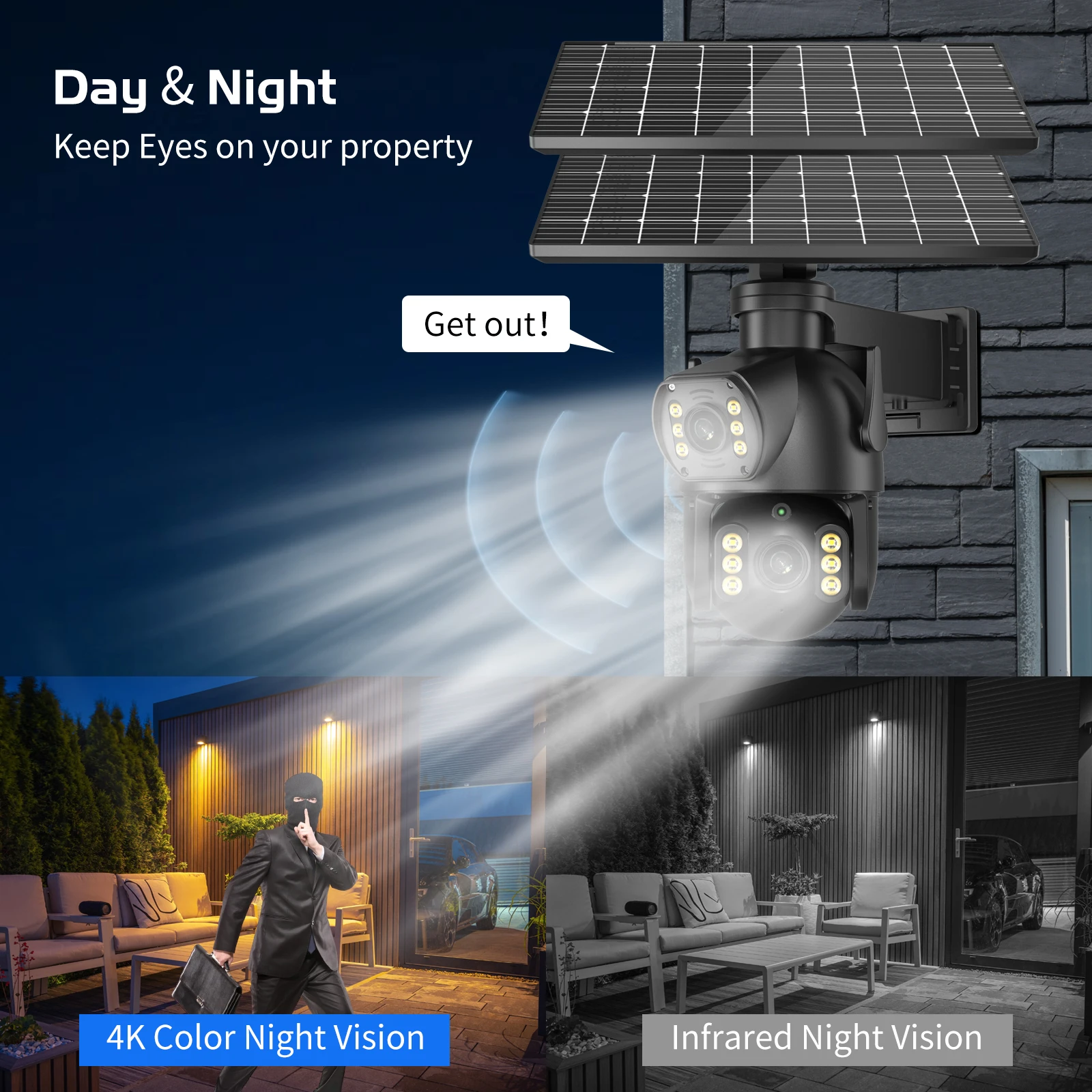 8MP 4K Outdoor 4G SIM Card Solar Camera Dual Lens Binocular Camera PIR Human Body Sensing Security Video 64GB Card Solar Camera