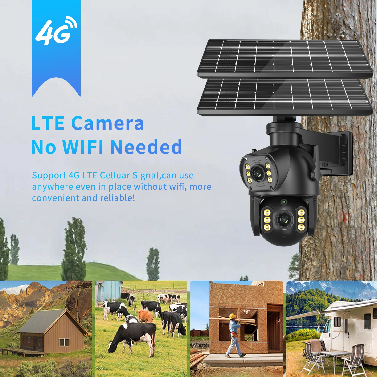 8MP 4K Outdoor 4G SIM Card Solar Camera Dual Lens Binocular Camera PIR Human Body Sensing Security Video 64GB Card Solar Camera