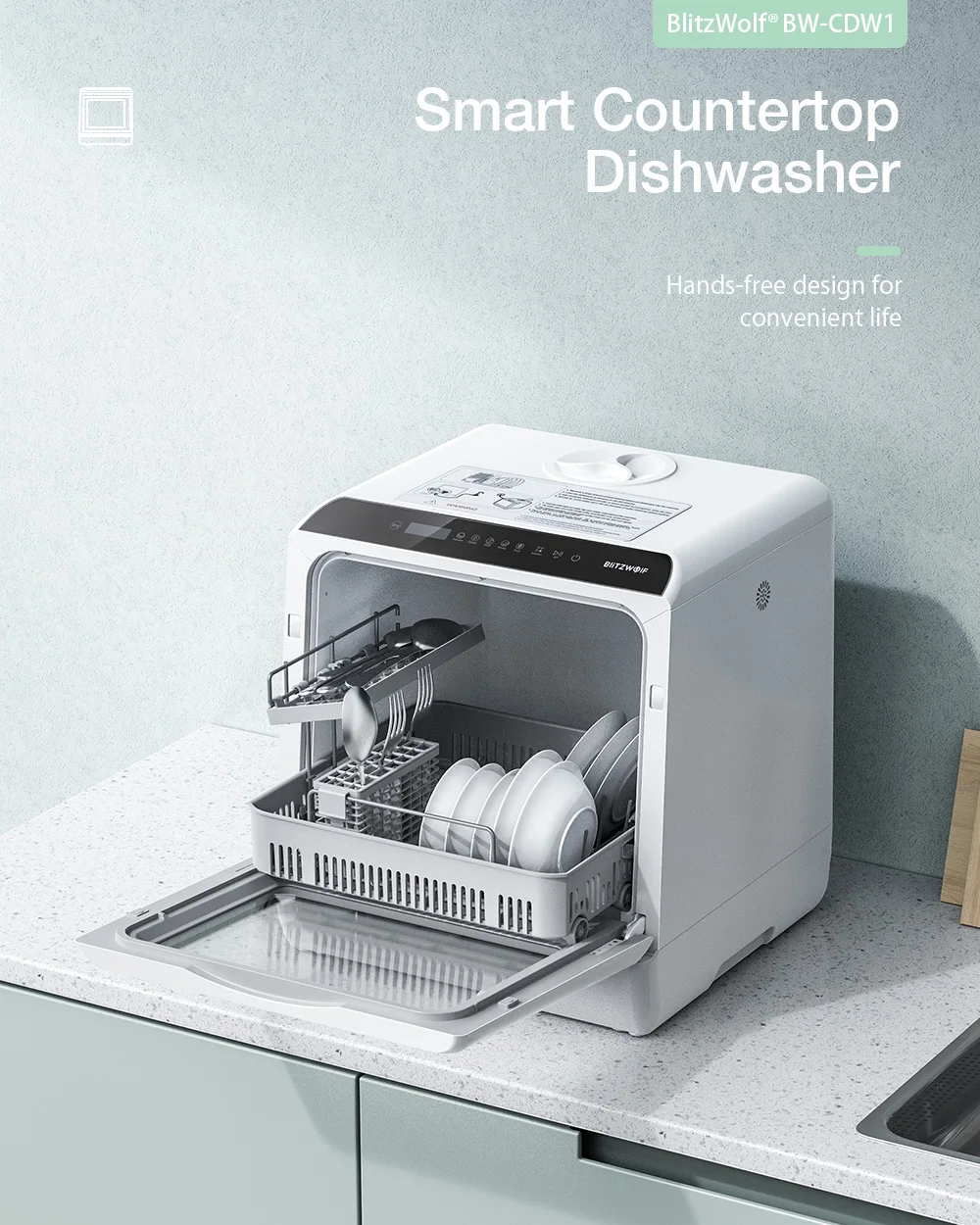 BlitzHome BH-CDW1 Smart Portable Countertop Dishwasher with APP Control 4-6 Sets Big Capacity Dual Water Inlet Modes Washers