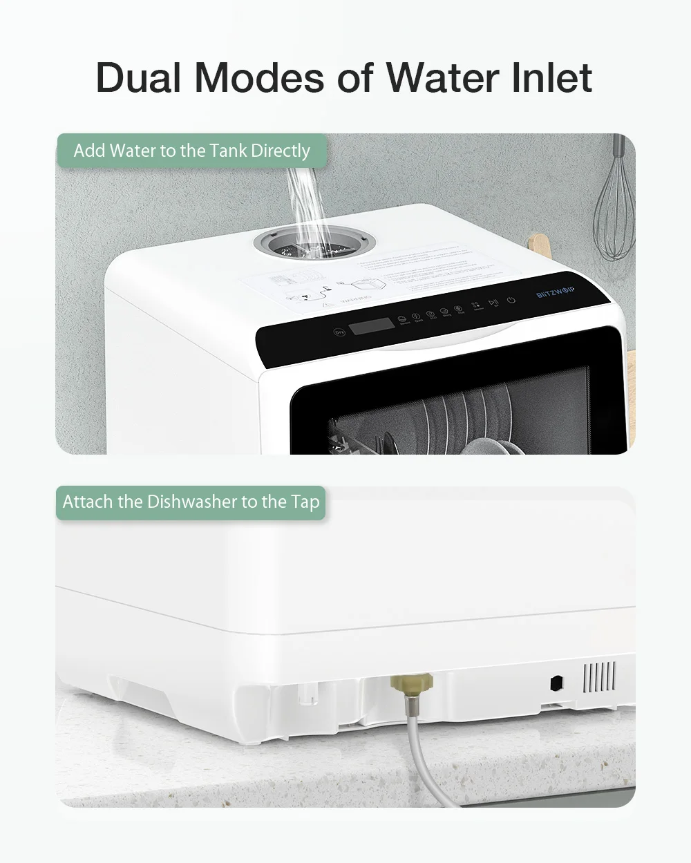 BlitzHome BH-CDW1 Smart Portable Countertop Dishwasher with APP Control 4-6 Sets Big Capacity Dual Water Inlet Modes Washers