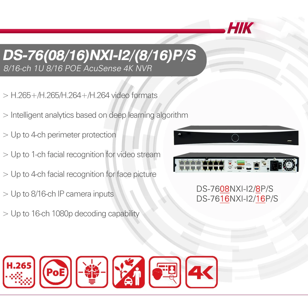 Hikvision 4K NVR DS-7608NXI-I2/8P/S DS-7616NXI-I2/16P/S 8CH 16CH POE Port AcuSense Facial Recognition Network Video Recorder