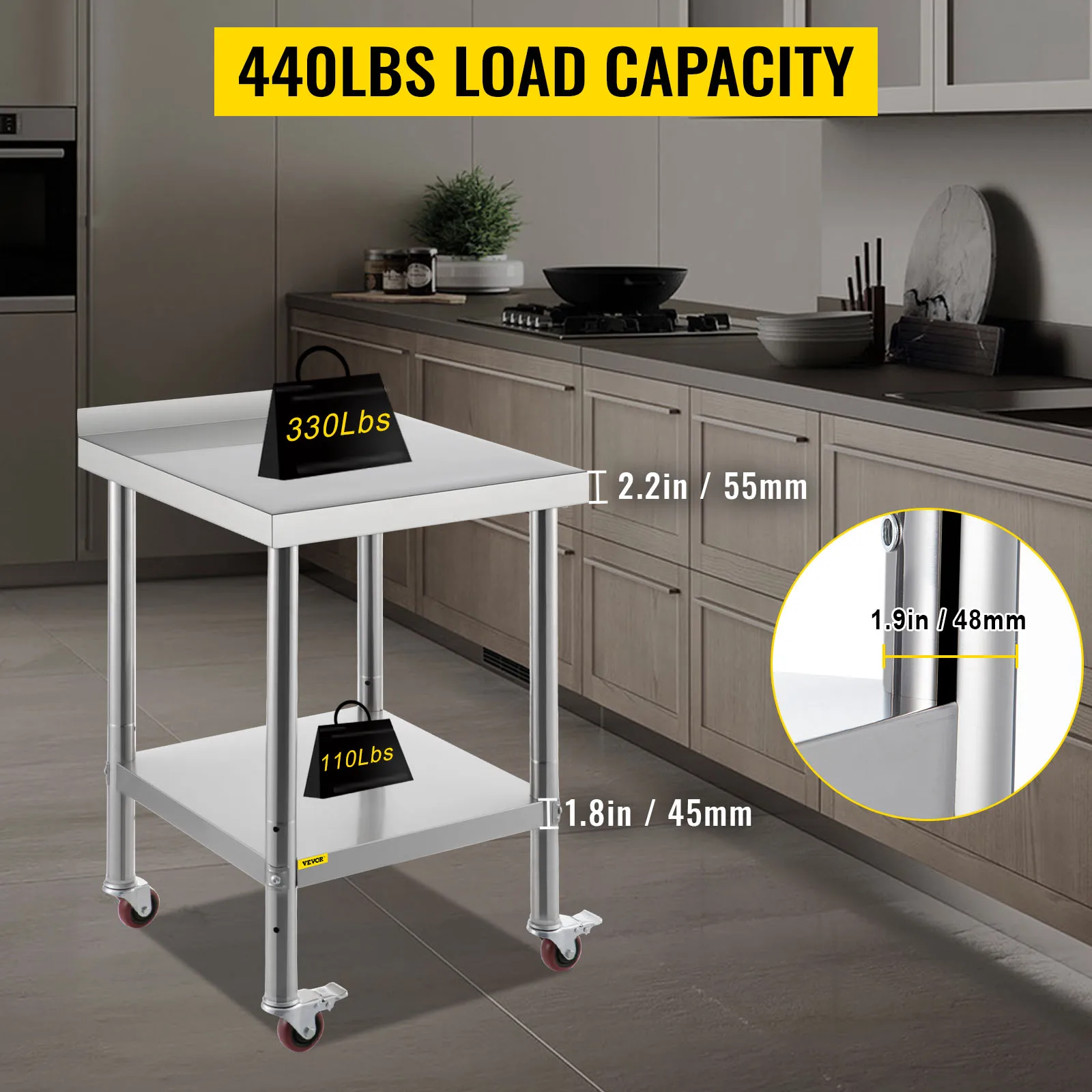 SucceBuy Stainless Steel Prep Table 440lbs Load Capacity Heavy Duty Metal Worktable Commercial Workstation for Kitchen