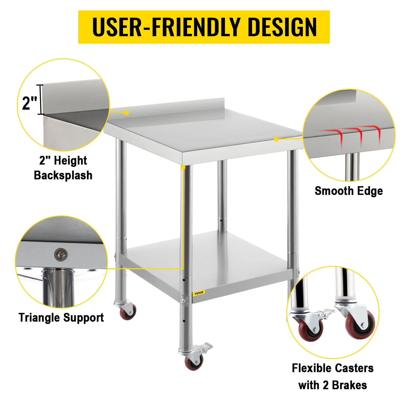 SucceBuy Stainless Steel Prep Table 440lbs Load Capacity Heavy Duty Metal Worktable Commercial Workstation for Kitchen
