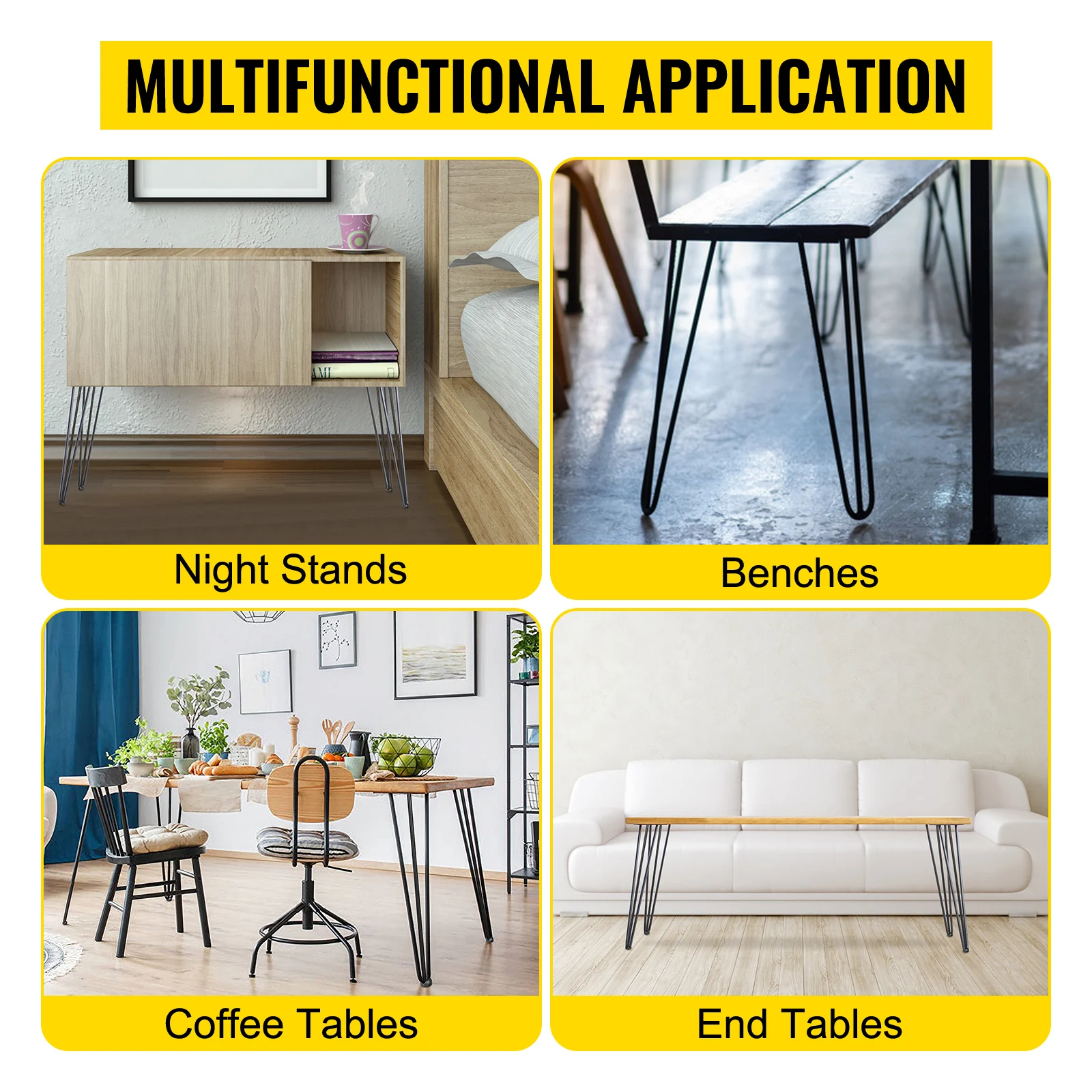 SucceBuy Hairpin Table Legs Black Set of 4 Desk Legs 3 Rods for Bench Desk Dining Chairs Carbon Steel DIY Heavy Duty Furniture