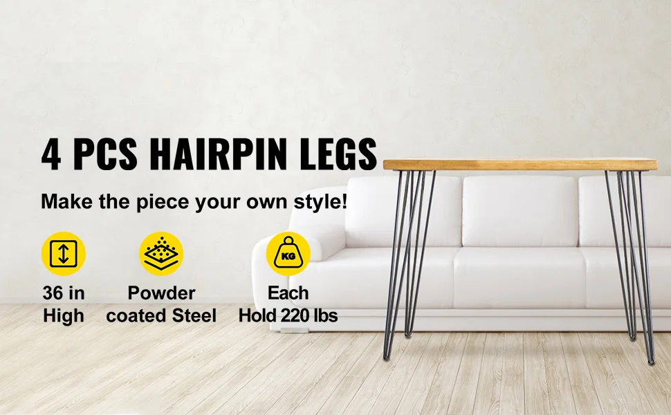 SucceBuy Hairpin Table Legs Black Set of 4 Desk Legs 3 Rods for Bench Desk Dining Chairs Carbon Steel DIY Heavy Duty Furniture