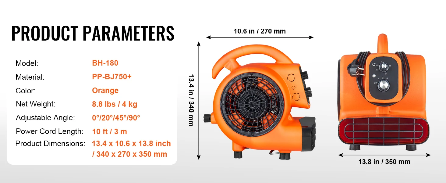 SucceBuy Floor Blower 1400 RPM 4000 CFM Air Mover for Drying and Cooling Carpet Dryer Fan with 3 Angles Timer 3-Speed Adjustment