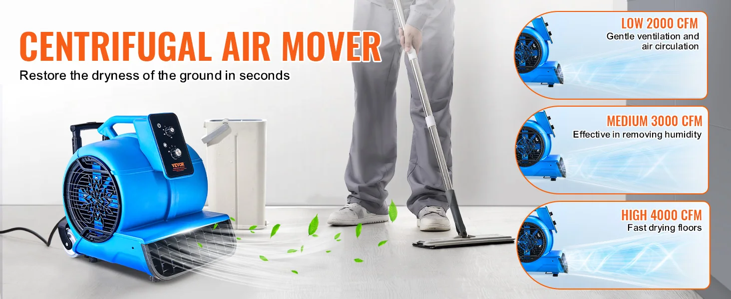 SucceBuy Floor Blower 1400 RPM 4000 CFM Air Mover for Drying and Cooling Carpet Dryer Fan with 3 Angles Timer 3-Speed Adjustment
