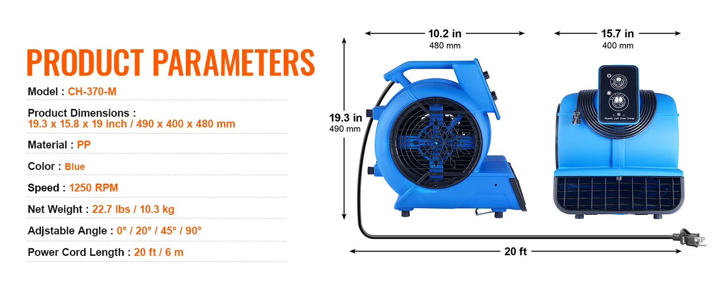 SucceBuy Floor Blower 1400 RPM 4000 CFM Air Mover for Drying and Cooling Carpet Dryer Fan with 3 Angles Timer 3-Speed Adjustment