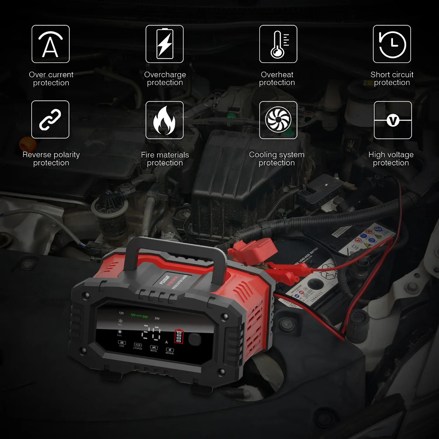 Portable 20A/10A Car Battery Charger 12V 24V Automatic Motorcycle Truck AGM LiFePO4 Lead Acid Start Stop Battery with Repair