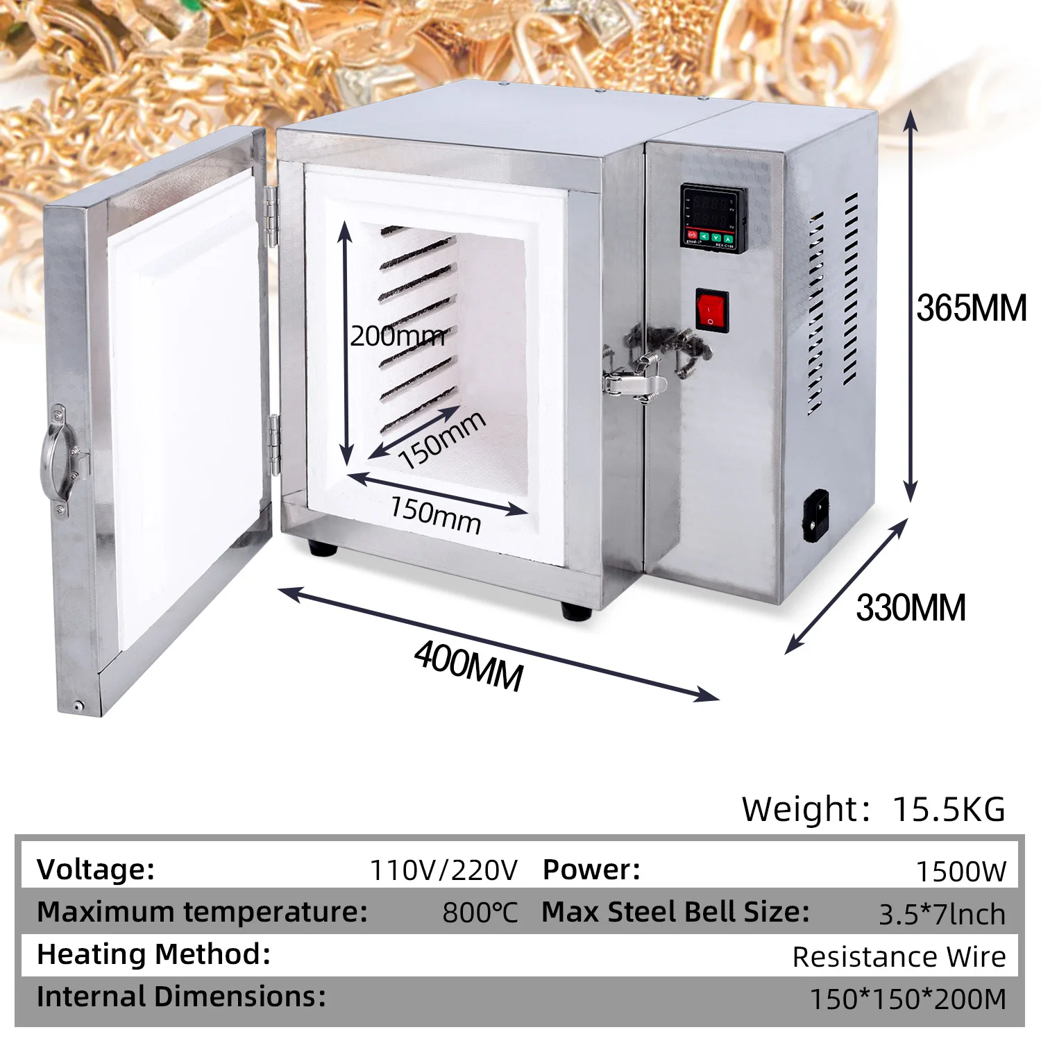 800°C Jewelry Casting Burnout Furnace Oven 1500W Jewelry Equipment High-Temperature Resistant Metal Melting Wax Melting Furnace