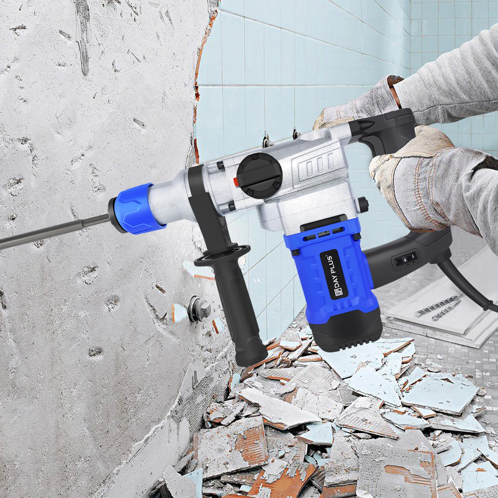 Corded 1500W SDS Plus Rotary Hammer Drill, 4-Function Heavy Duty with Multi-Position Handle – Includes Bits & Chisels
