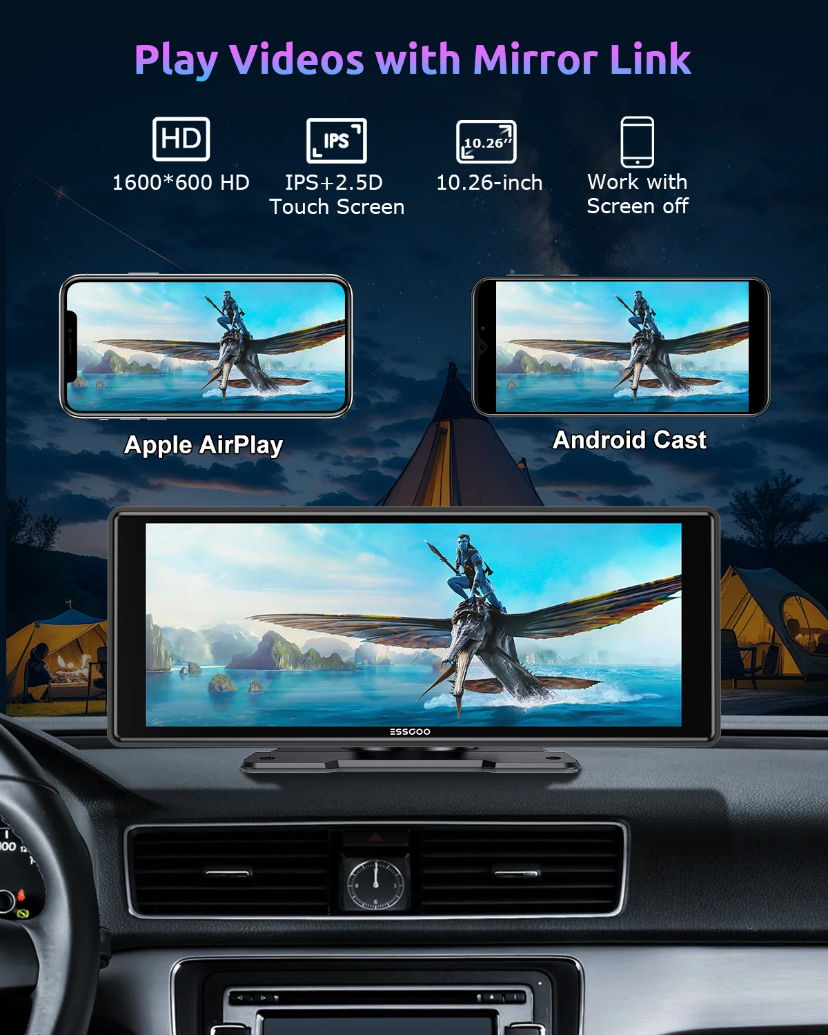 ESSGOO 10.2 Multimedia Video Player Wireless Carplay/Android Auto Car Stereo Radio IPS Touch Screen FM Transmitter USB