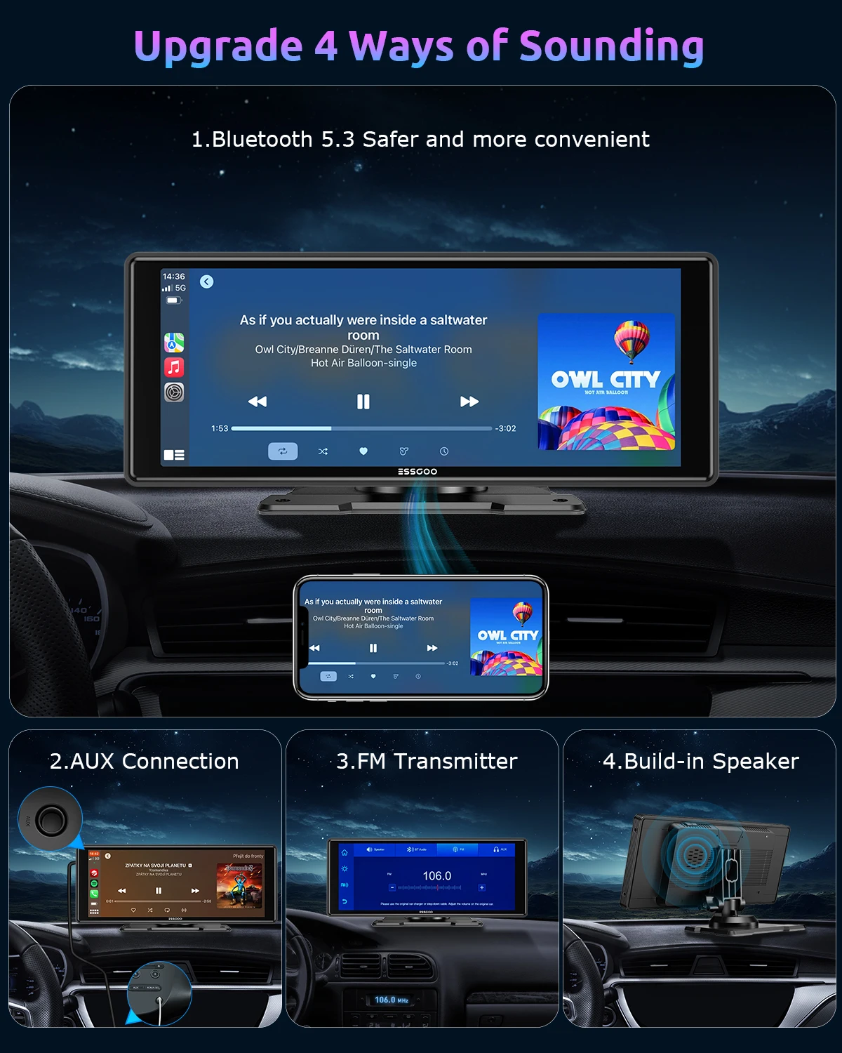 ESSGOO 10.2 Multimedia Video Player Wireless Carplay/Android Auto Car Stereo Radio IPS Touch Screen FM Transmitter USB