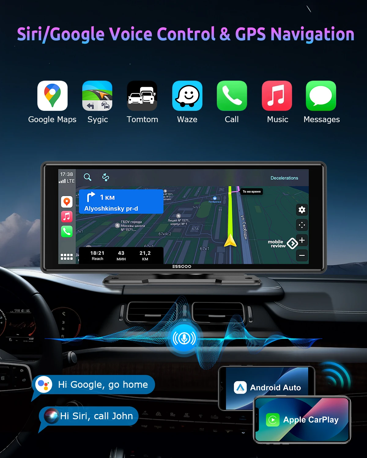 ESSGOO 10.2 Multimedia Video Player Wireless Carplay/Android Auto Car Stereo Radio IPS Touch Screen FM Transmitter USB