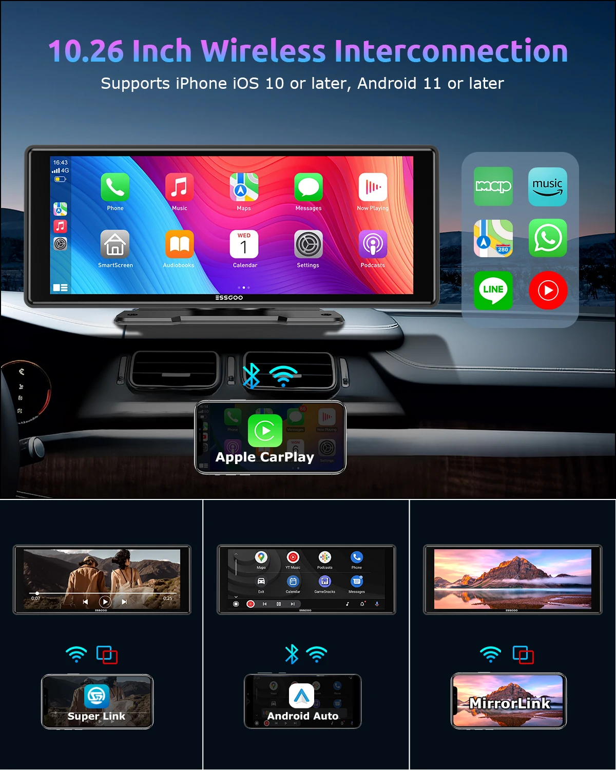 ESSGOO 10.2 Multimedia Video Player Wireless Carplay/Android Auto Car Stereo Radio IPS Touch Screen FM Transmitter USB
