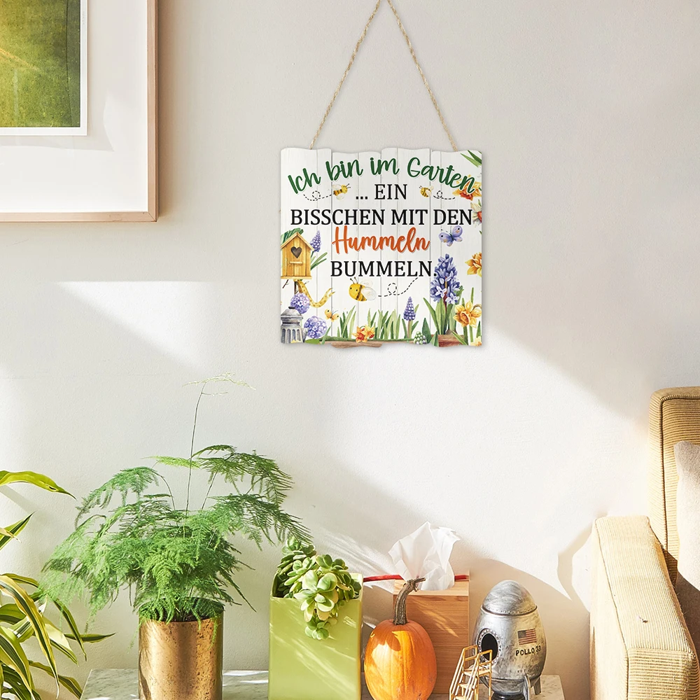 Putuo Decor 1pc German Irregular Square Wooden Hanging Sign, Lch Bin Im Garten, Wall Art Decoration for Home Farmhouse