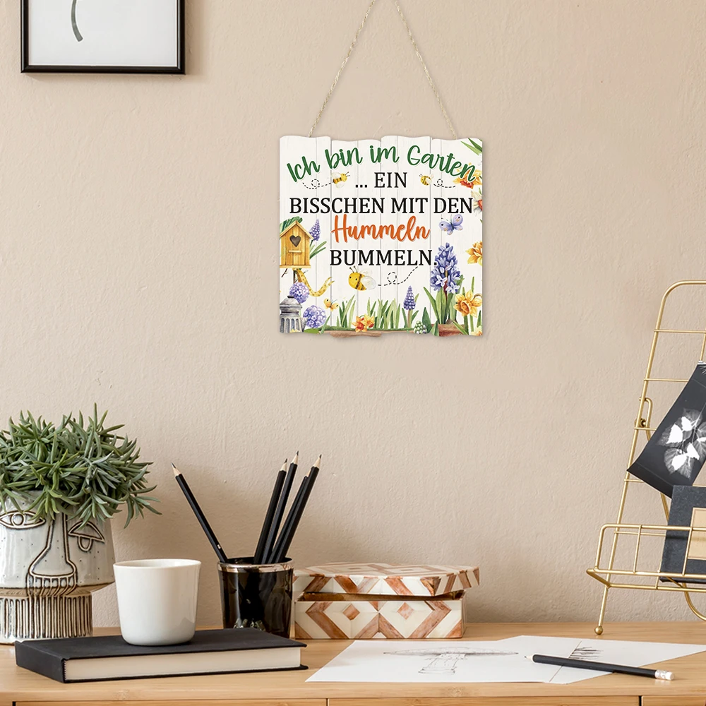Putuo Decor 1pc German Irregular Square Wooden Hanging Sign, Lch Bin Im Garten, Wall Art Decoration for Home Farmhouse