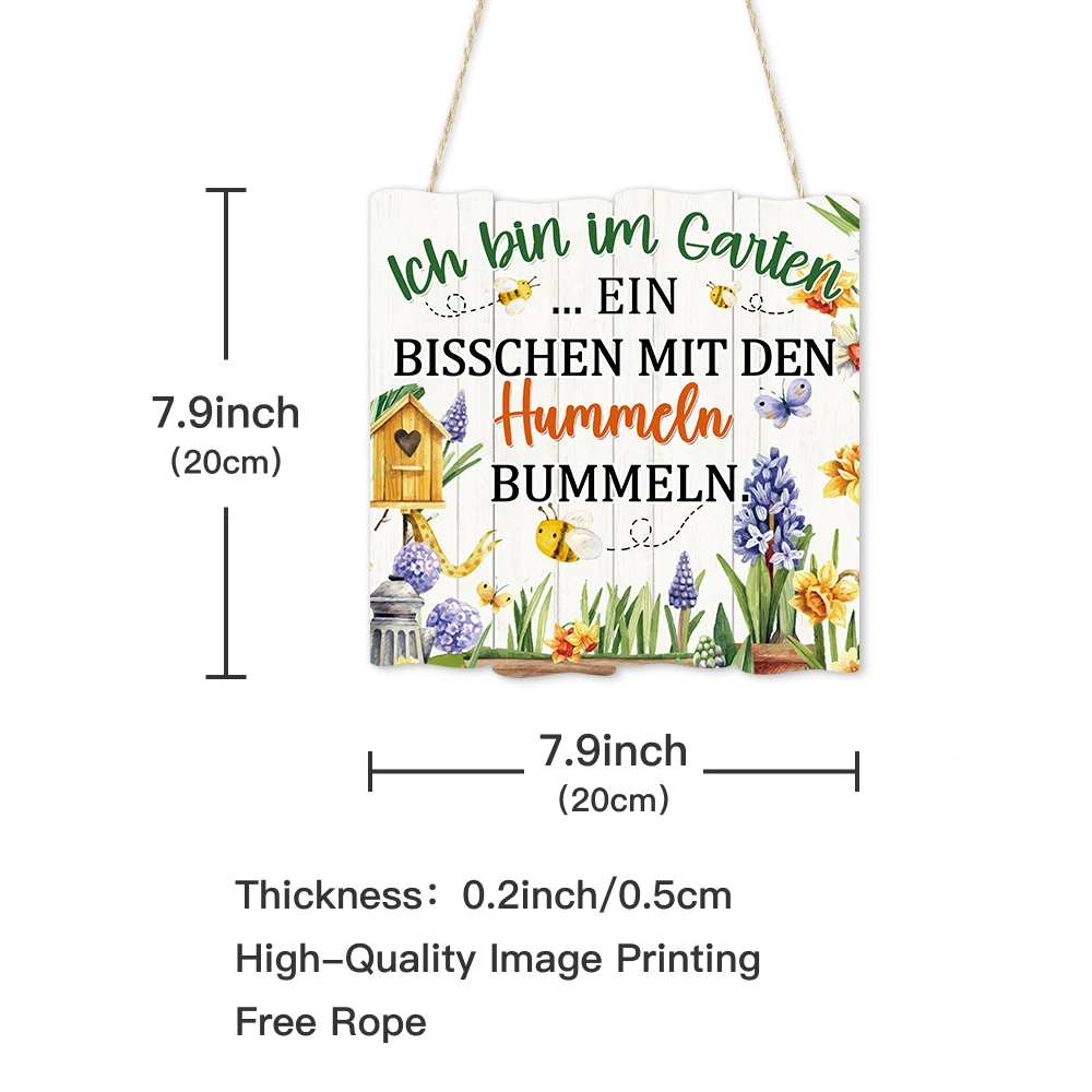 Putuo Decor 1pc German Irregular Square Wooden Hanging Sign, Lch Bin Im Garten, Wall Art Decoration for Home Farmhouse