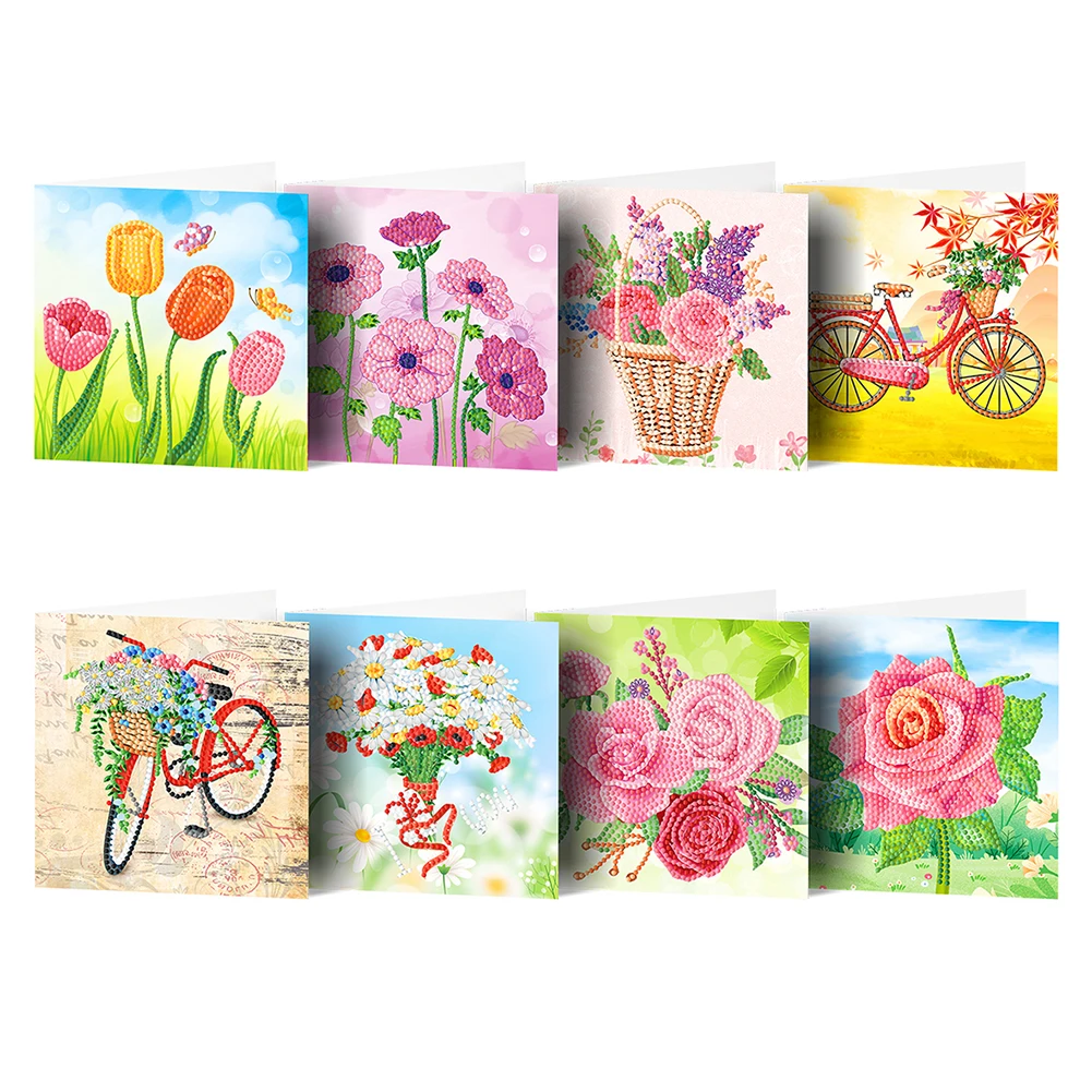 8pcs 5d Diamond Cartoon High-definition Flower Pattern Holiday Greeting Card Great Gifts Party Supplies
