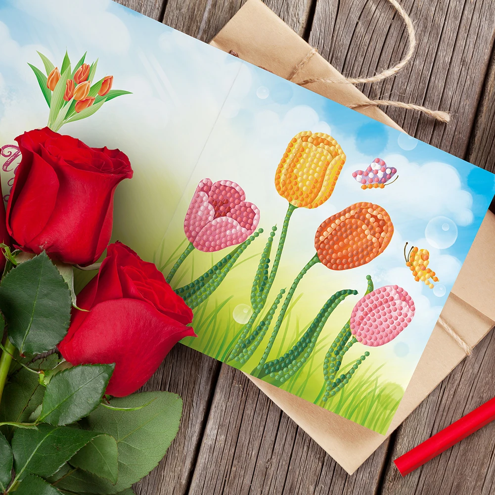 8pcs 5d Diamond Cartoon High-definition Flower Pattern Holiday Greeting Card Great Gifts Party Supplies